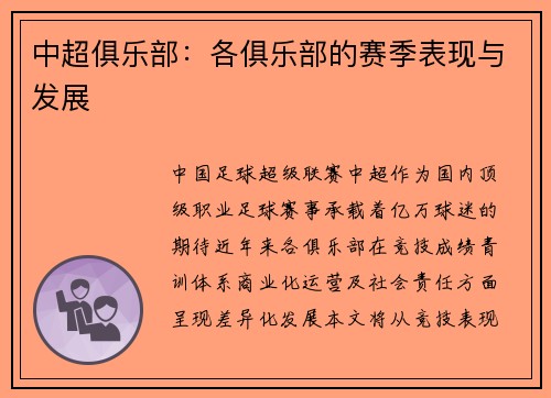 中超俱乐部：各俱乐部的赛季表现与发展