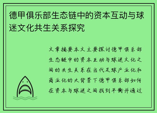 德甲俱乐部生态链中的资本互动与球迷文化共生关系探究