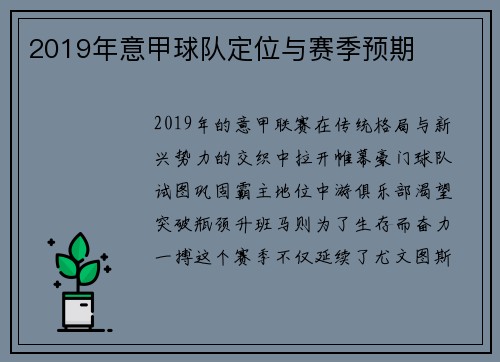 2019年意甲球队定位与赛季预期