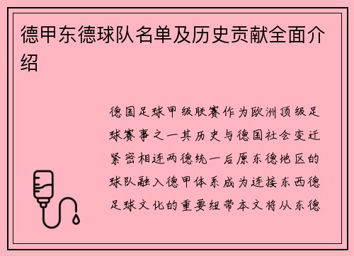 德甲东德球队名单及历史贡献全面介绍