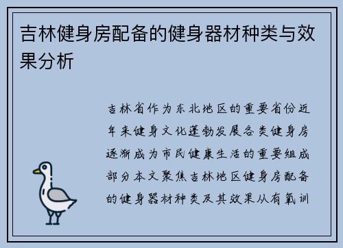 吉林健身房配备的健身器材种类与效果分析